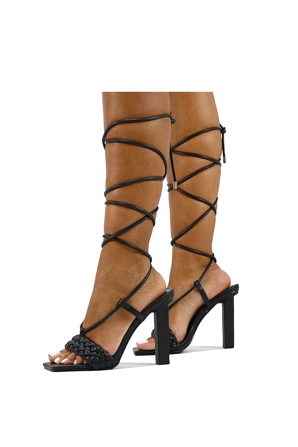 XY London 'Mira' Woven Strap Lace Up Strappy Block Square Toe Heels image 6