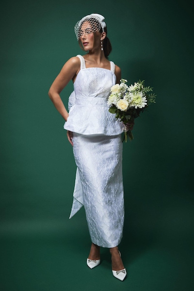 Coast Lisa Tan Pearl Strap Peplum Bridal Top With Statement Bow Detail White