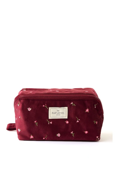 The Flat Lay Co Makeup Box Bag - Ditsy Roses & Flowers Burgundy Embroidered Velvet Multi