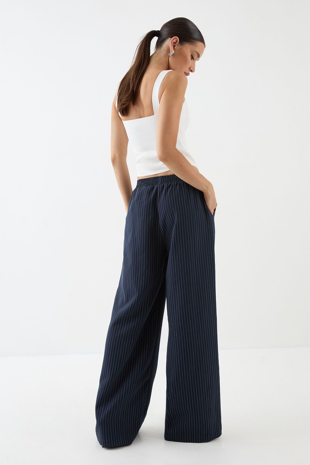 MissPap Premium Pinstripe Button Front Tailored Trouser Navy image 4