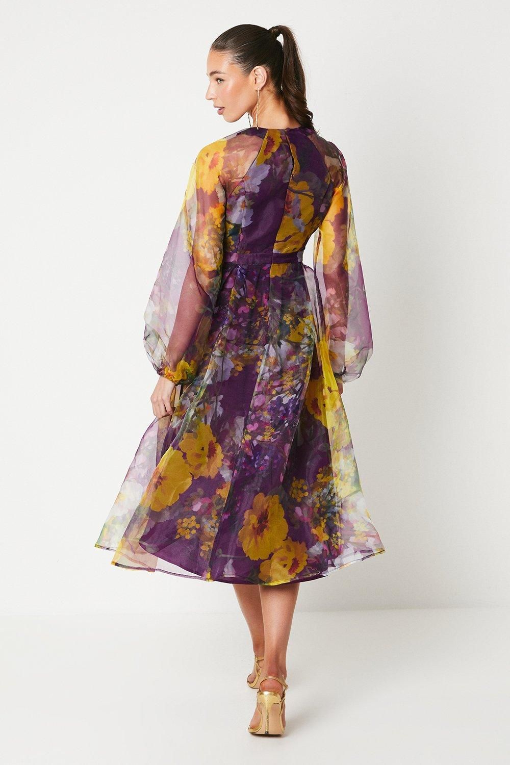 Coast Organza Wrap Waist Puff Sleeve Midi Dress Purple image 3