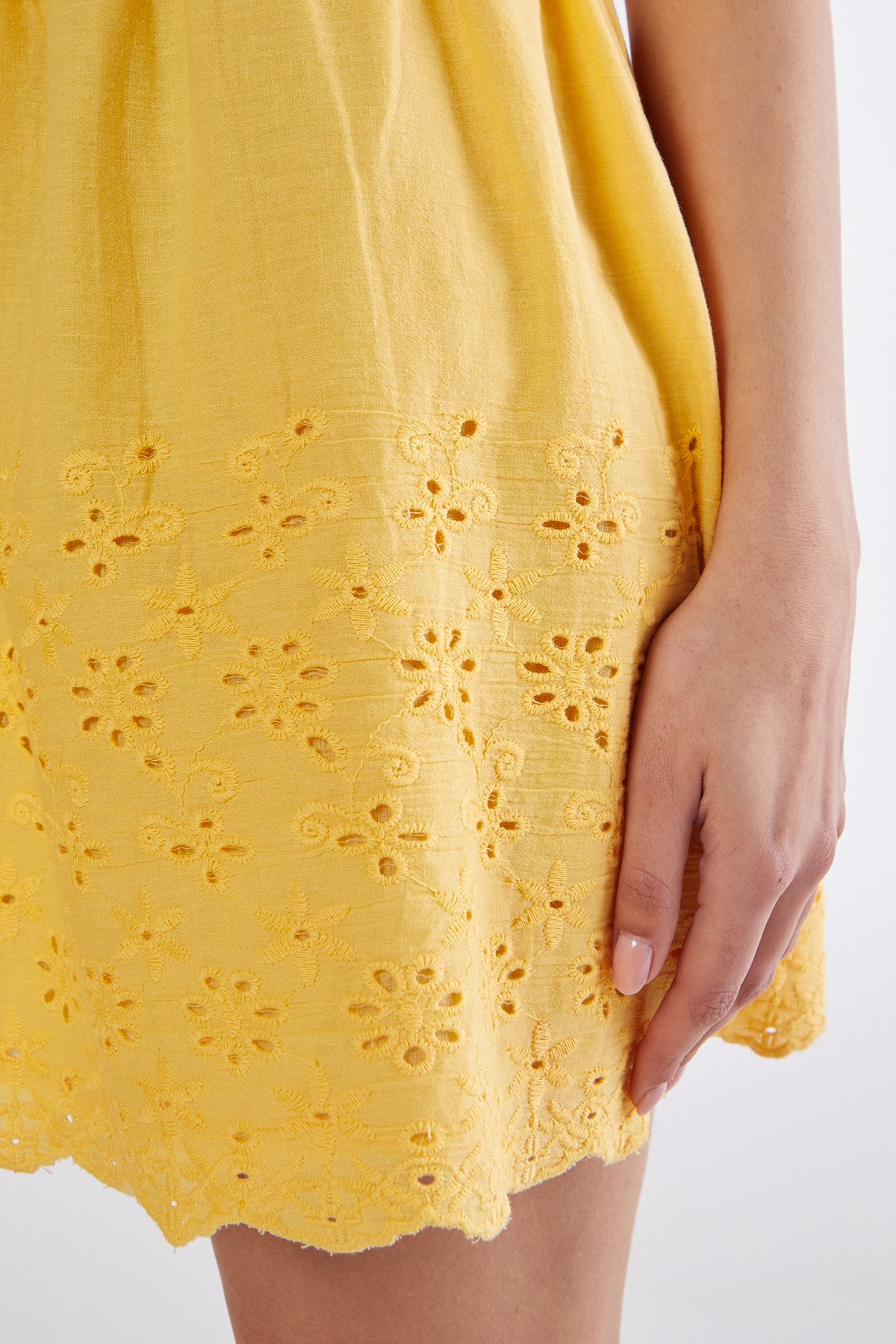 NastyGal Cotton Ruched Button Broderie Hem Strappy Mini Dress Lemon image 4