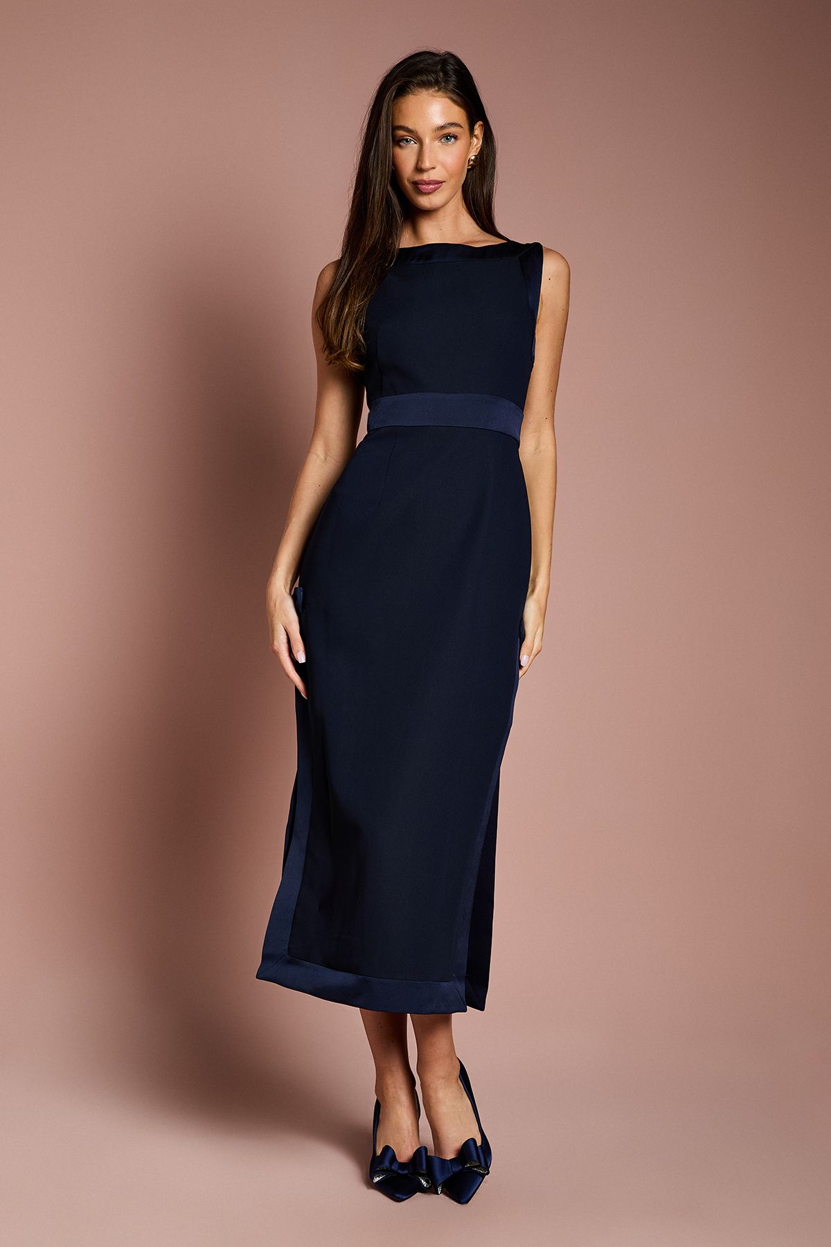 Coast Bow Detail Round Neck Midaxi Dress Navy image 1