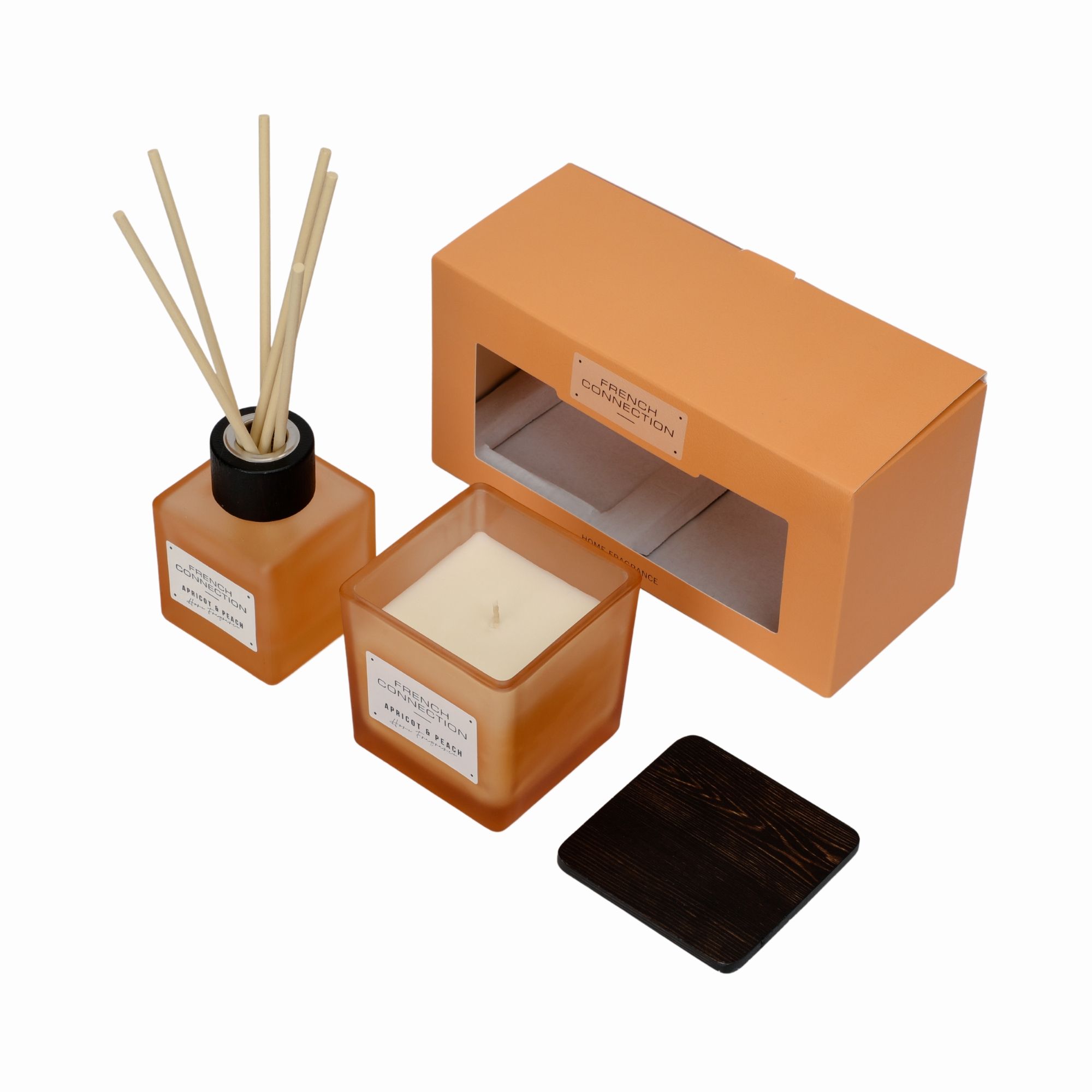 French Connection Apricot & Peach 200G Candle and 100ML Reed Diffuser Gift Set Square Design image 2