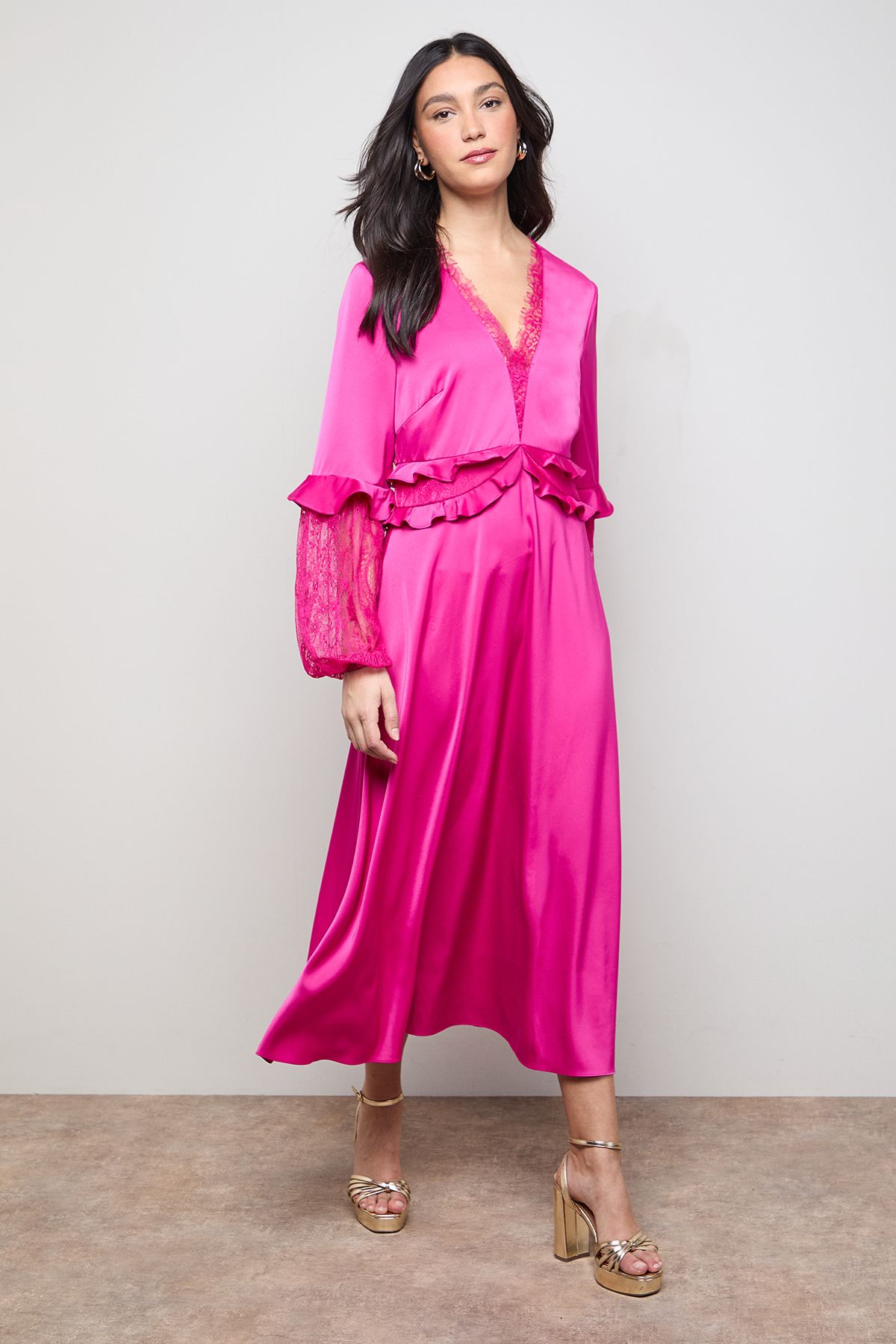 Oasis Lace Sleeve Frill Waist V Neck Midi Dress Fuchsia image 1