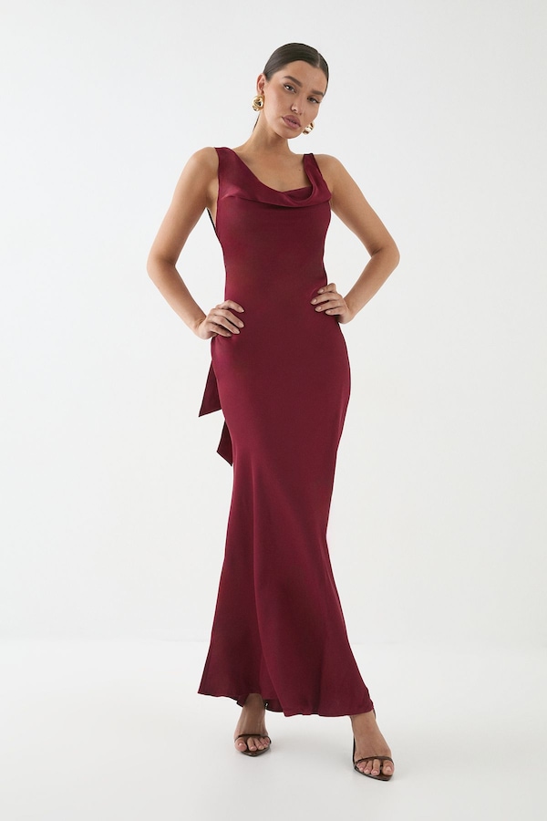 MissPap Premium Satin Cowl Neck Fishtail Maxi Bridesmaid Dress Wine