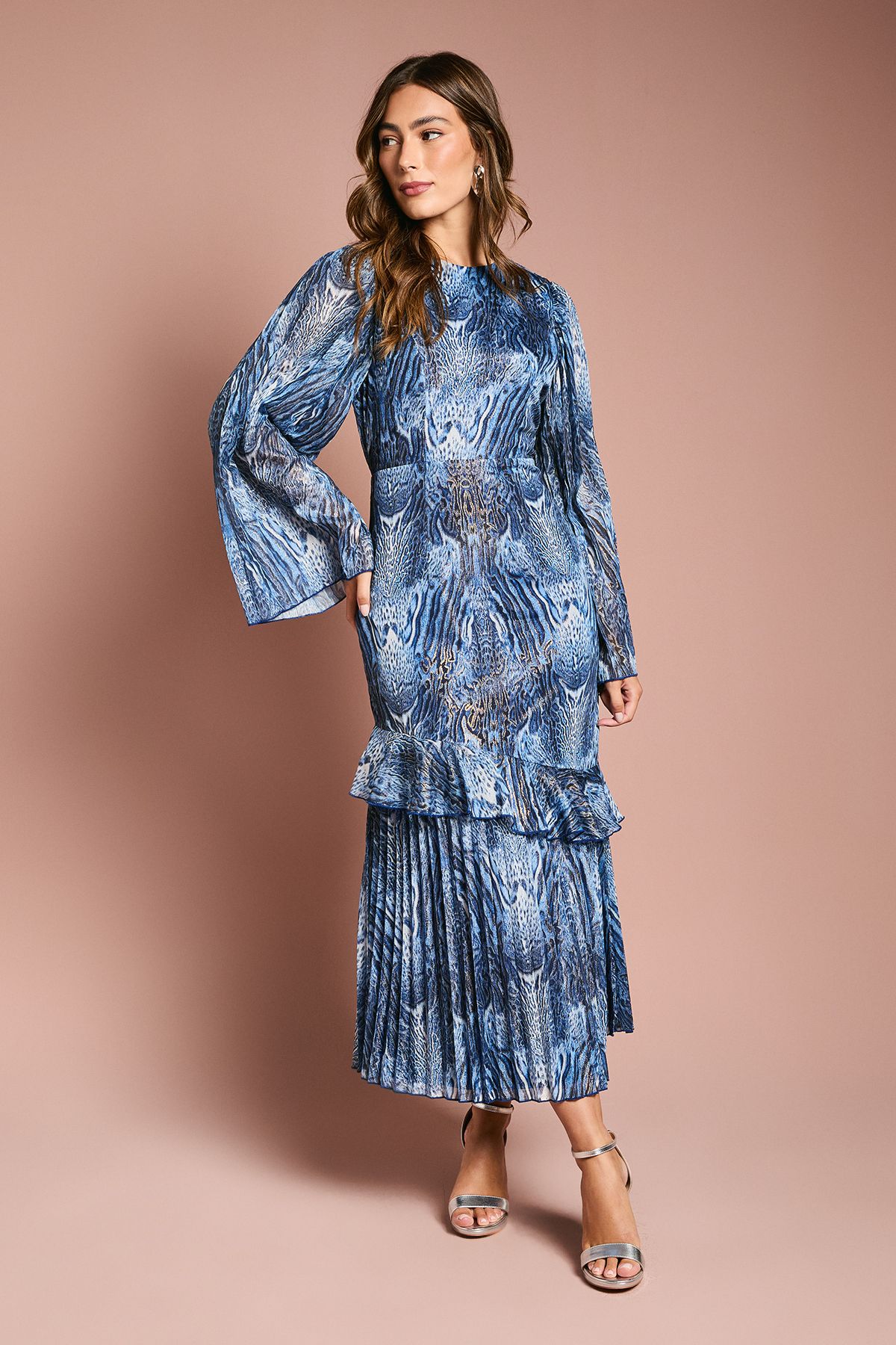 Coast Flare Sleeve Midi Dress With Animal Print Blue image 1