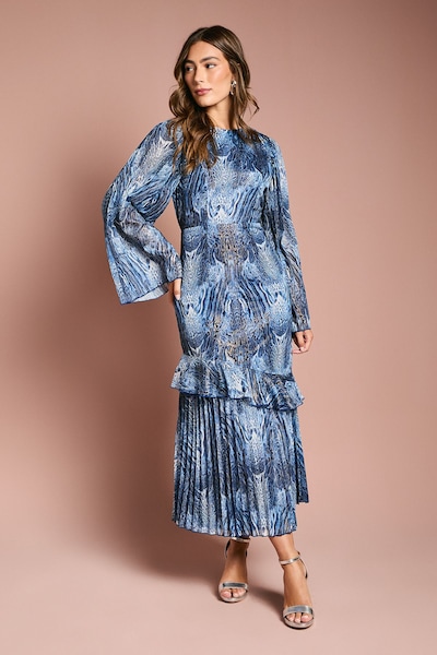 Coast Flare Sleeve Midi Dress With Animal Print Blue