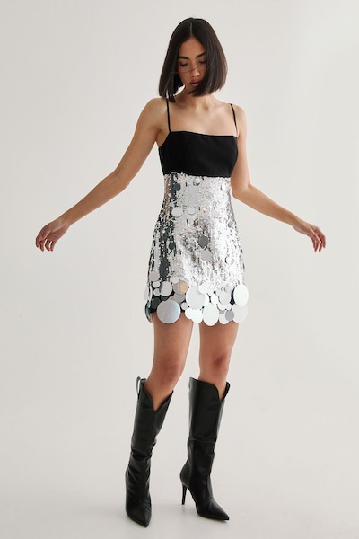 NastyGal Hand Embellished Sequin Disc Hem Mini Dress Silver