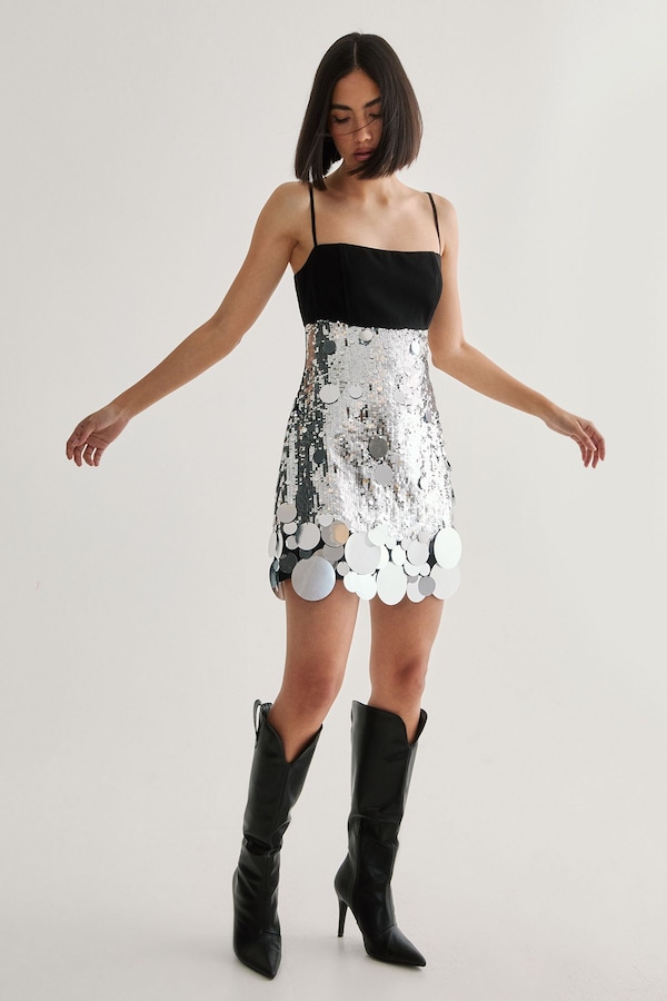 NastyGal Hand Embellished Sequin Disc Hem Mini Dress Silver