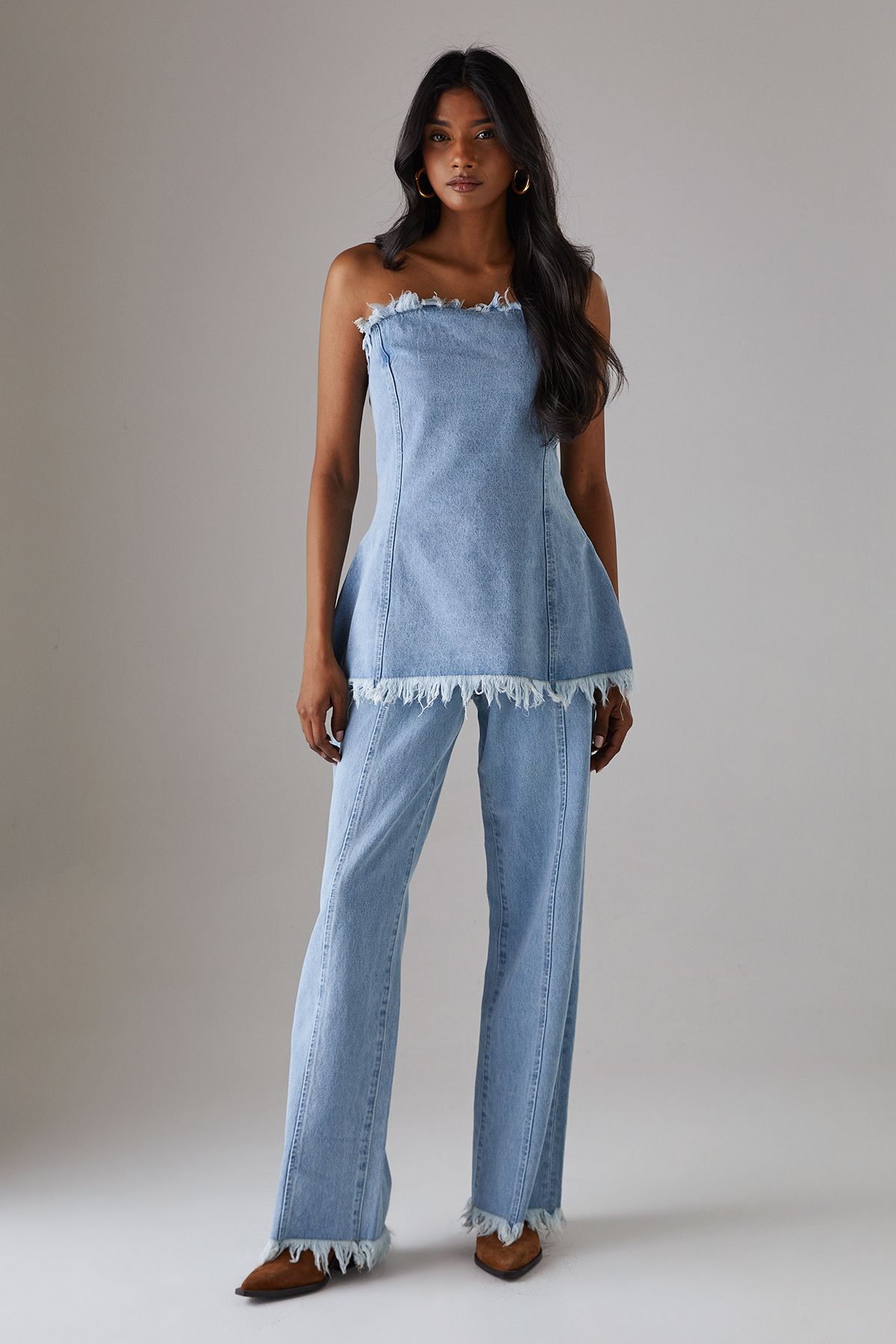 Warehouse Fray Detail Denim Bandeau Top Light Wash image 4