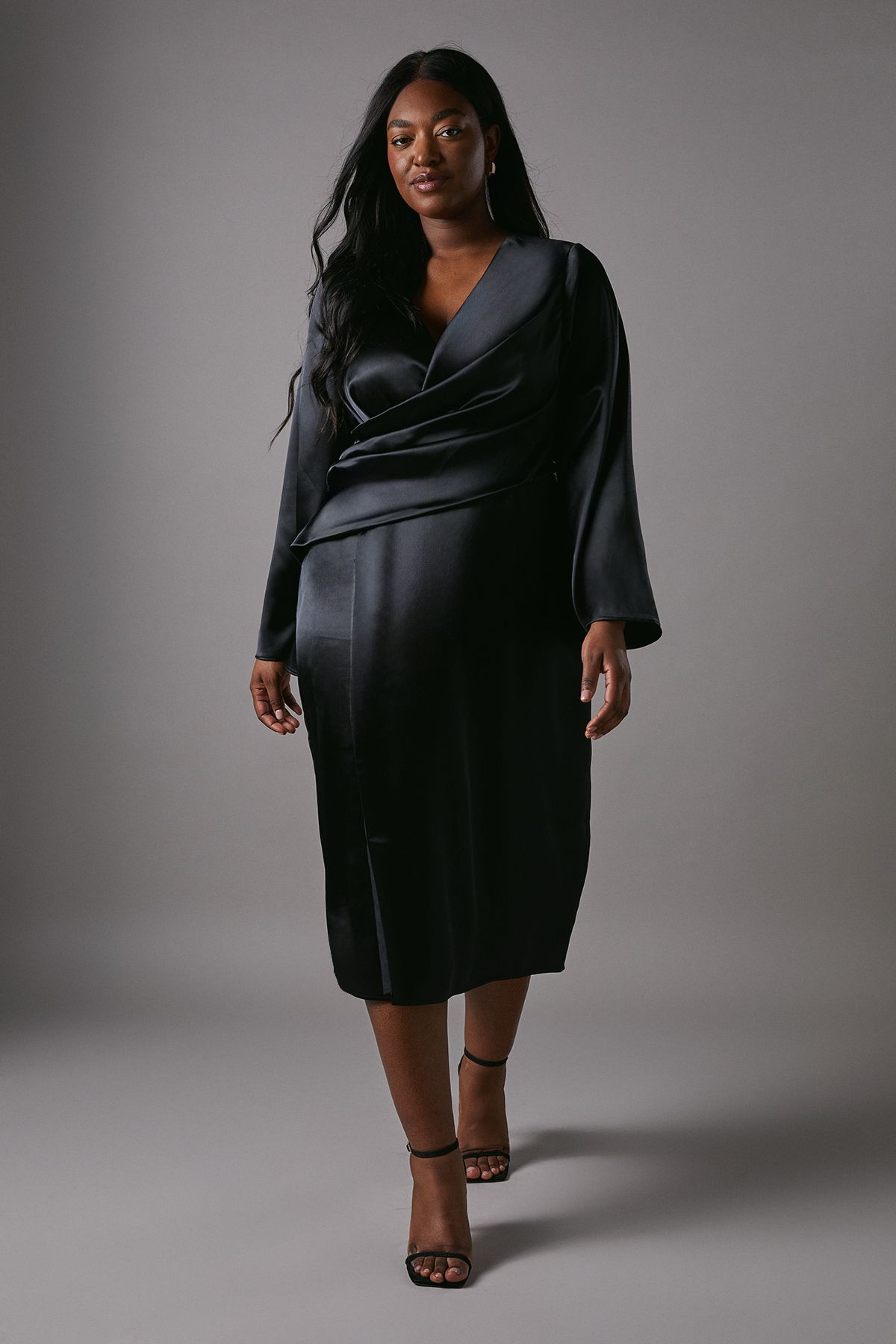 Coast Plus Satin Wrap Front Dress With Flare Sleeve Black