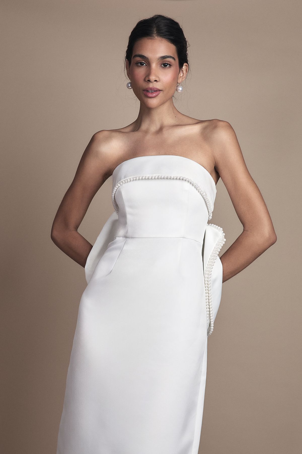 Coast Pearl Trim Bandeau Column Wedding Dress With Bow Ivory image 4