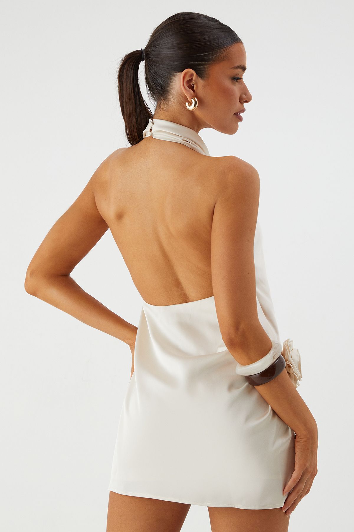 MissPap Satin Cowl Corsage Drape Mini Dress Ivory image 3