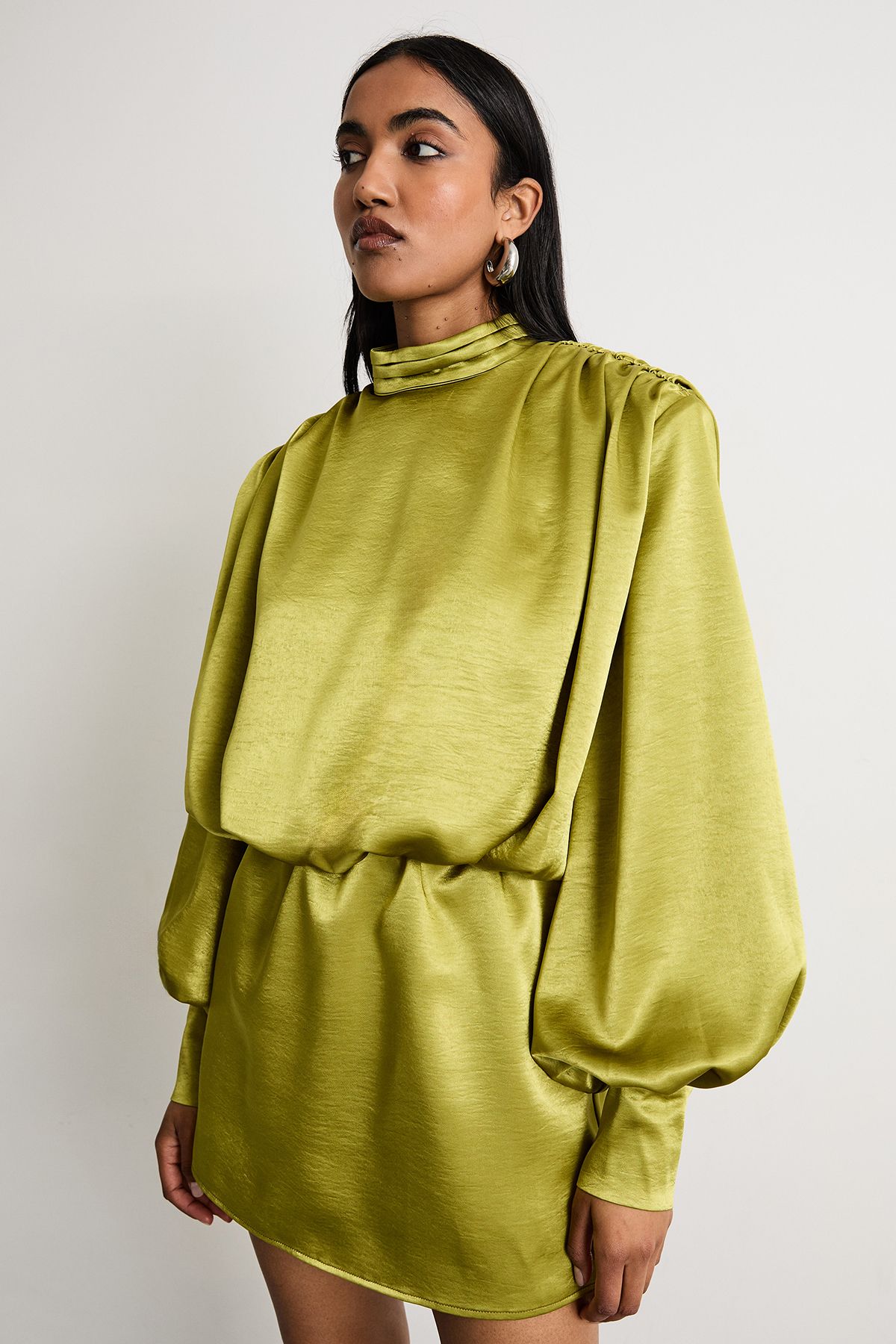 Warehouse Extreme Shoulder Draped Satin Mini Dress Chartreuse image 2
