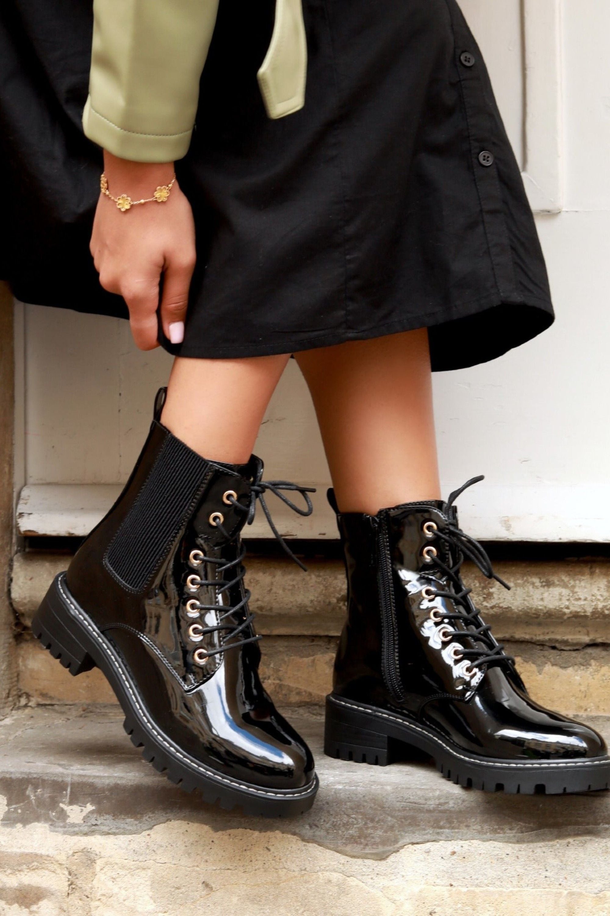 Linzi Layna Black Faux Patent Military Boot image 5