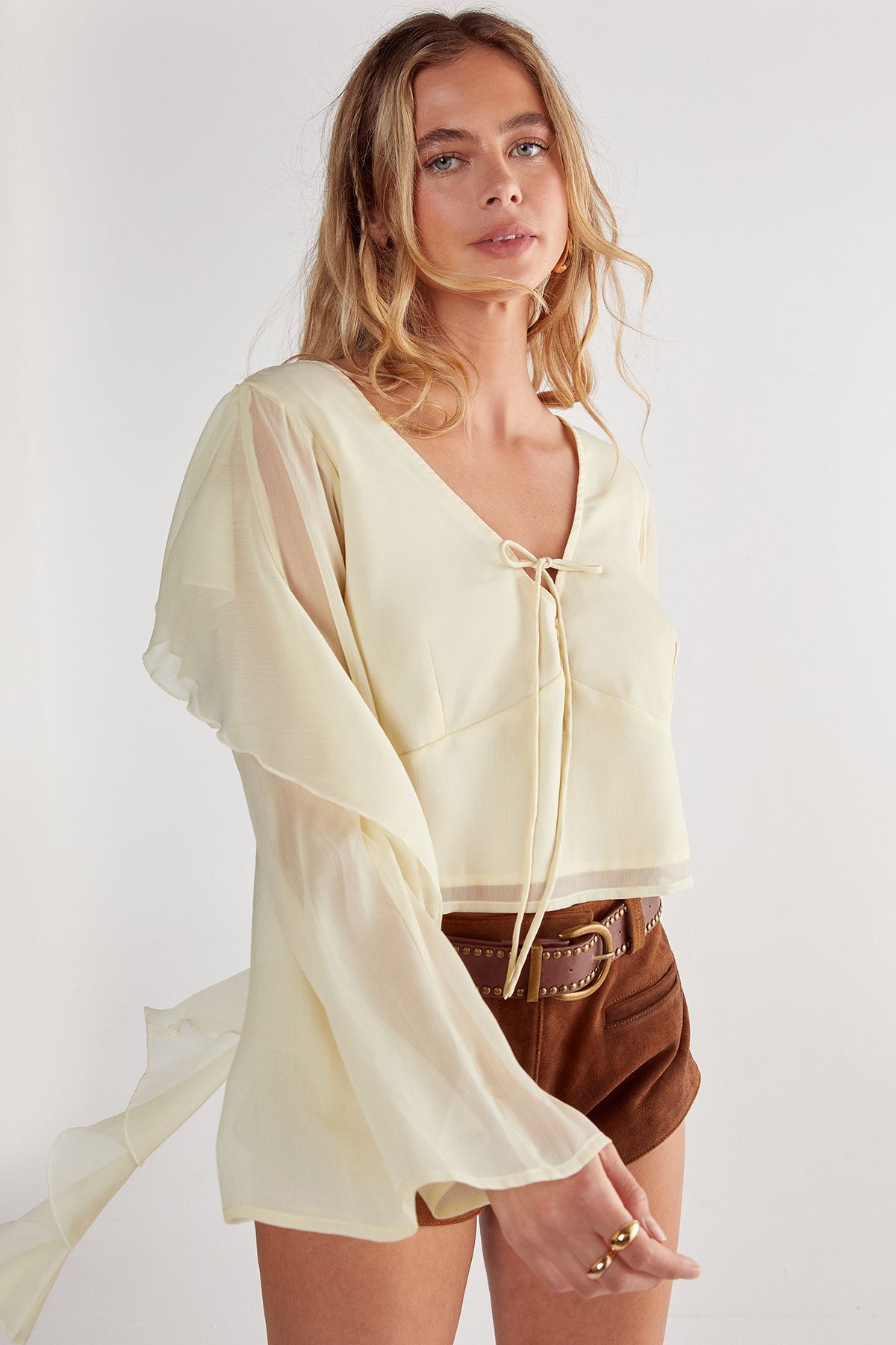 NastyGal Chiffon Ruffle Sleeve Tie Front Top Lemon image 1