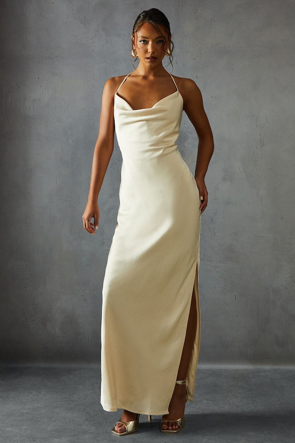 MissPap Textured Satin Cowl Neck Maxi Dress Butter