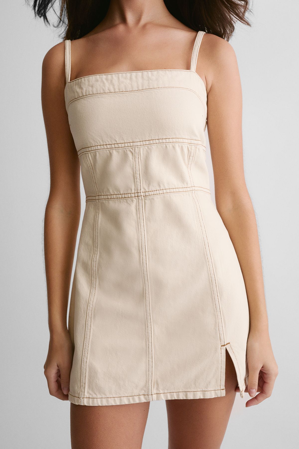 NastyGal The Denim Strappy Mini Dress Ecru image 3