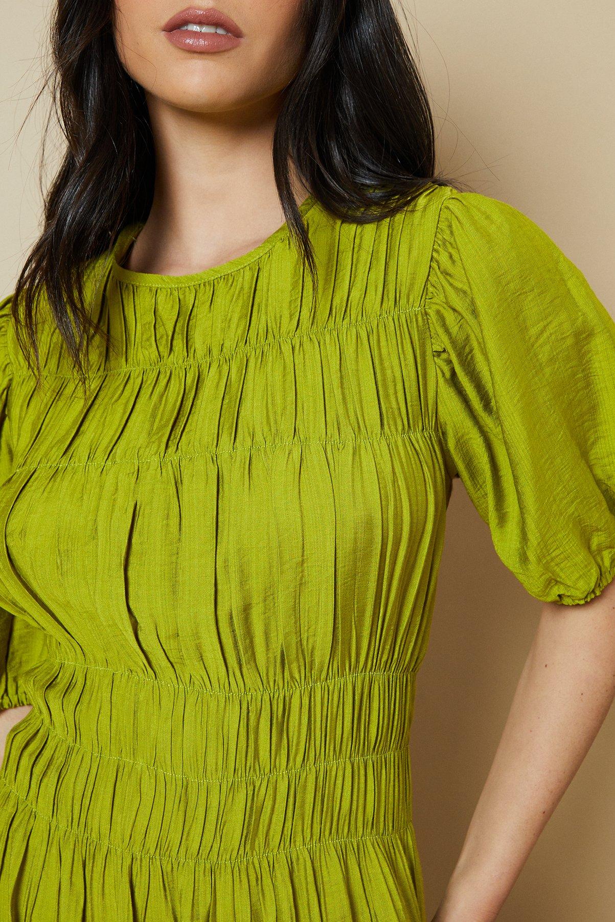Oasis Shirred Bodice Puff Sleeve Midi Dress Olive image 4
