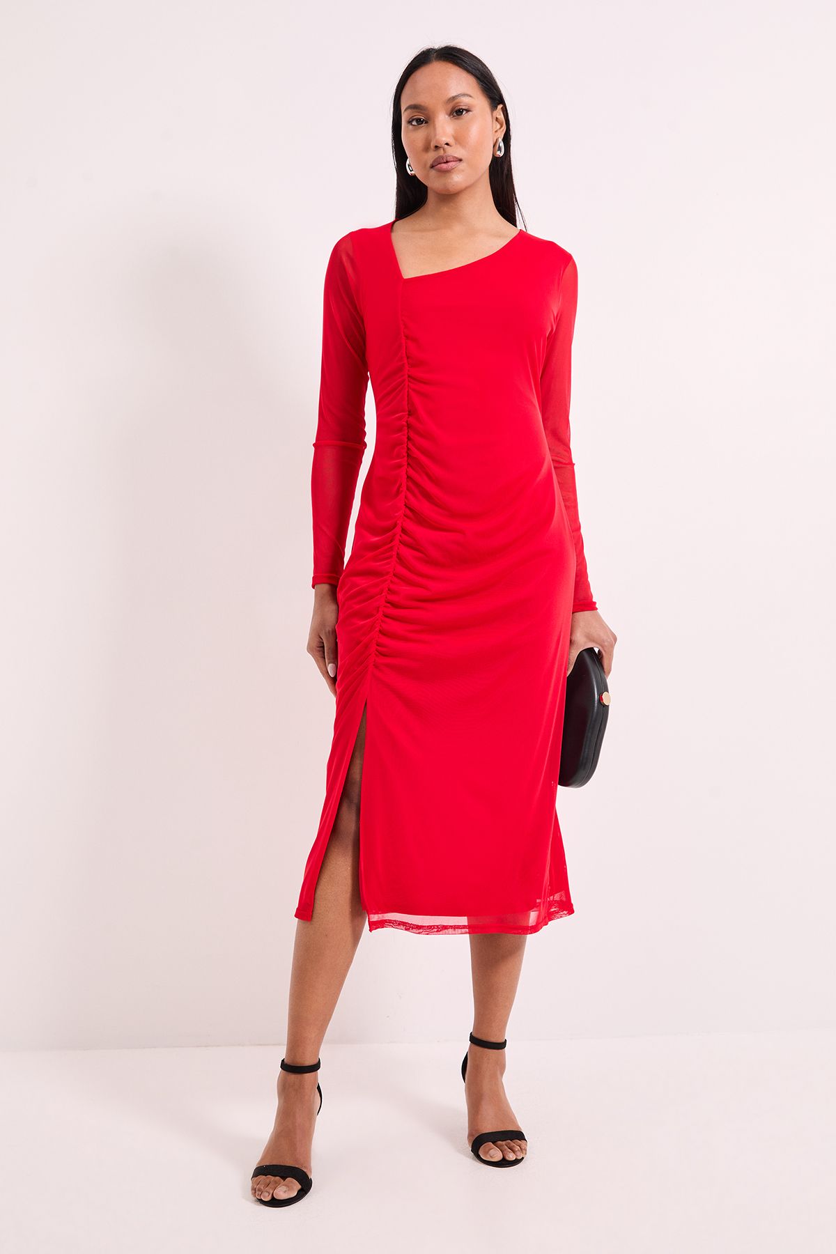 Principles Ruched Draw Cord Detail Mesh Midi Dress Crimson image 1