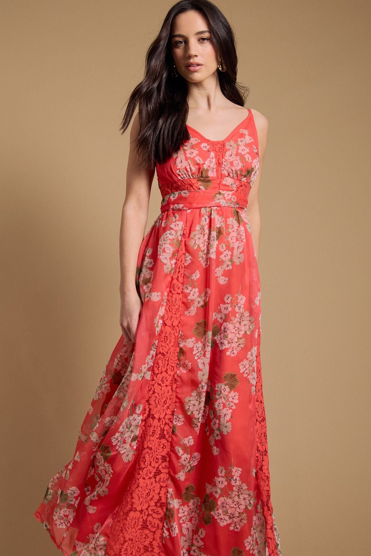 Oasis Lace Panelled Waist Pleated Maxi Dress Orange image 4