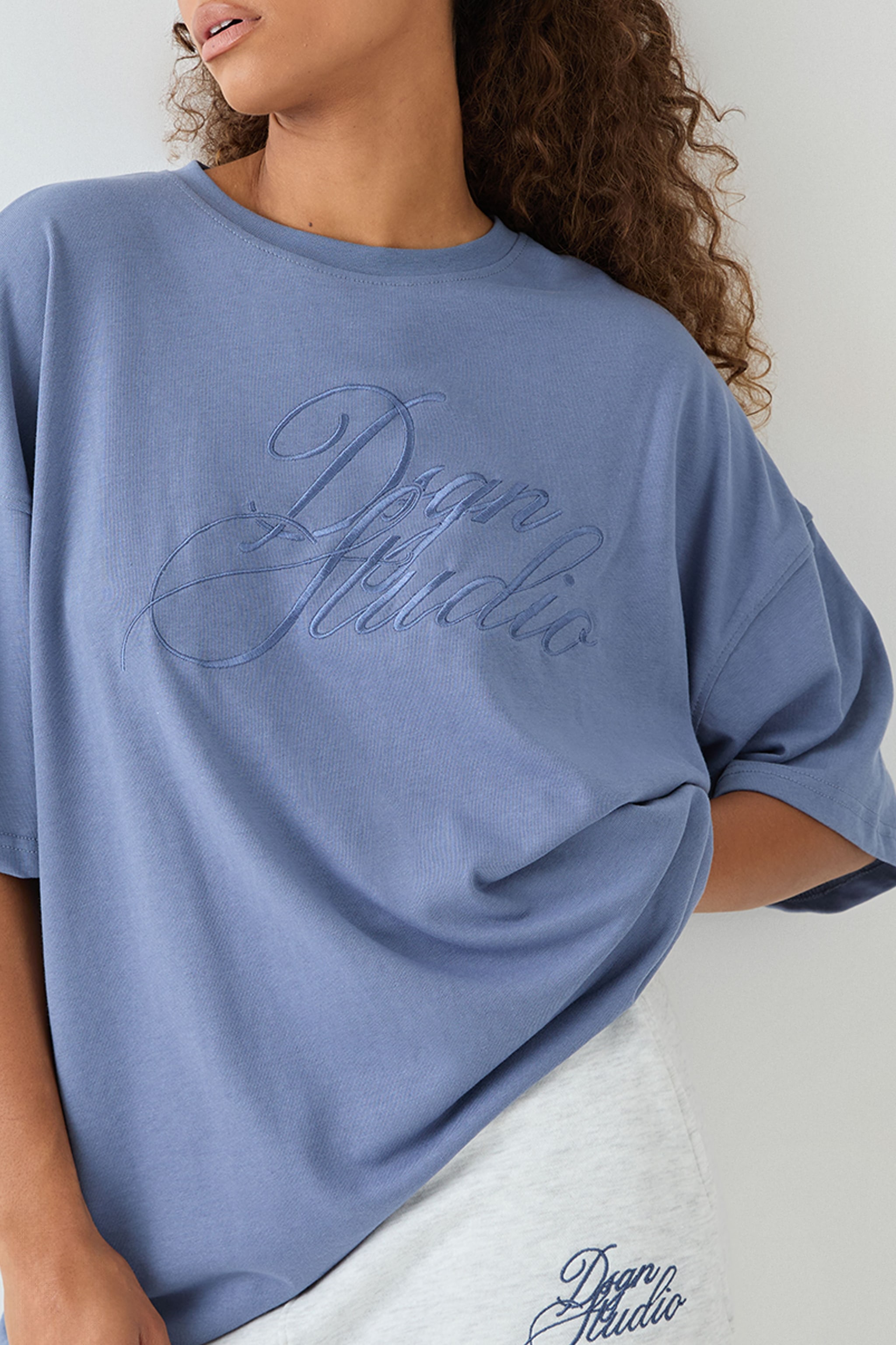 DSGN Studio DSGN Studio Script Embroidered Crew Neck Oversized T-Shirt Blue image 5