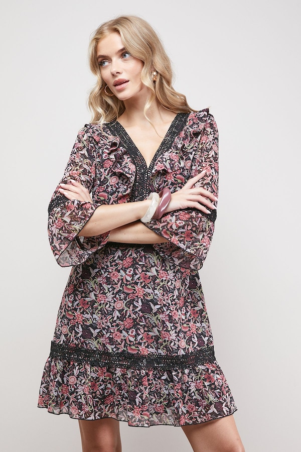 Oasis Printed Lace Detail V Neck Ruffle Mini Dress Multi