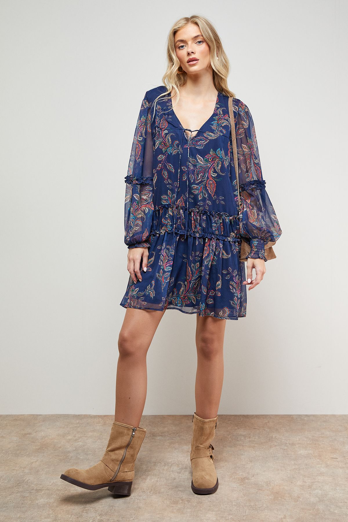 Oasis Printed Chiffon Shirred Front Tie Neck Mini Dress Navy image 1