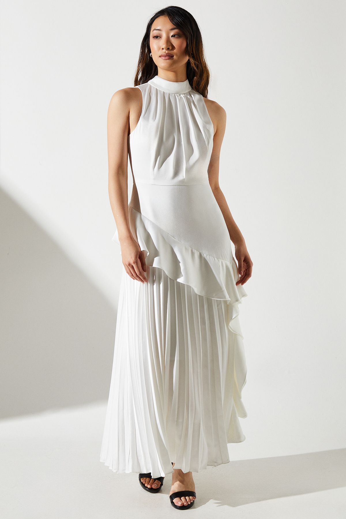 Coast Ivory Sleeveless Ruffle Pleat Satin Back Crepe Dress PLT