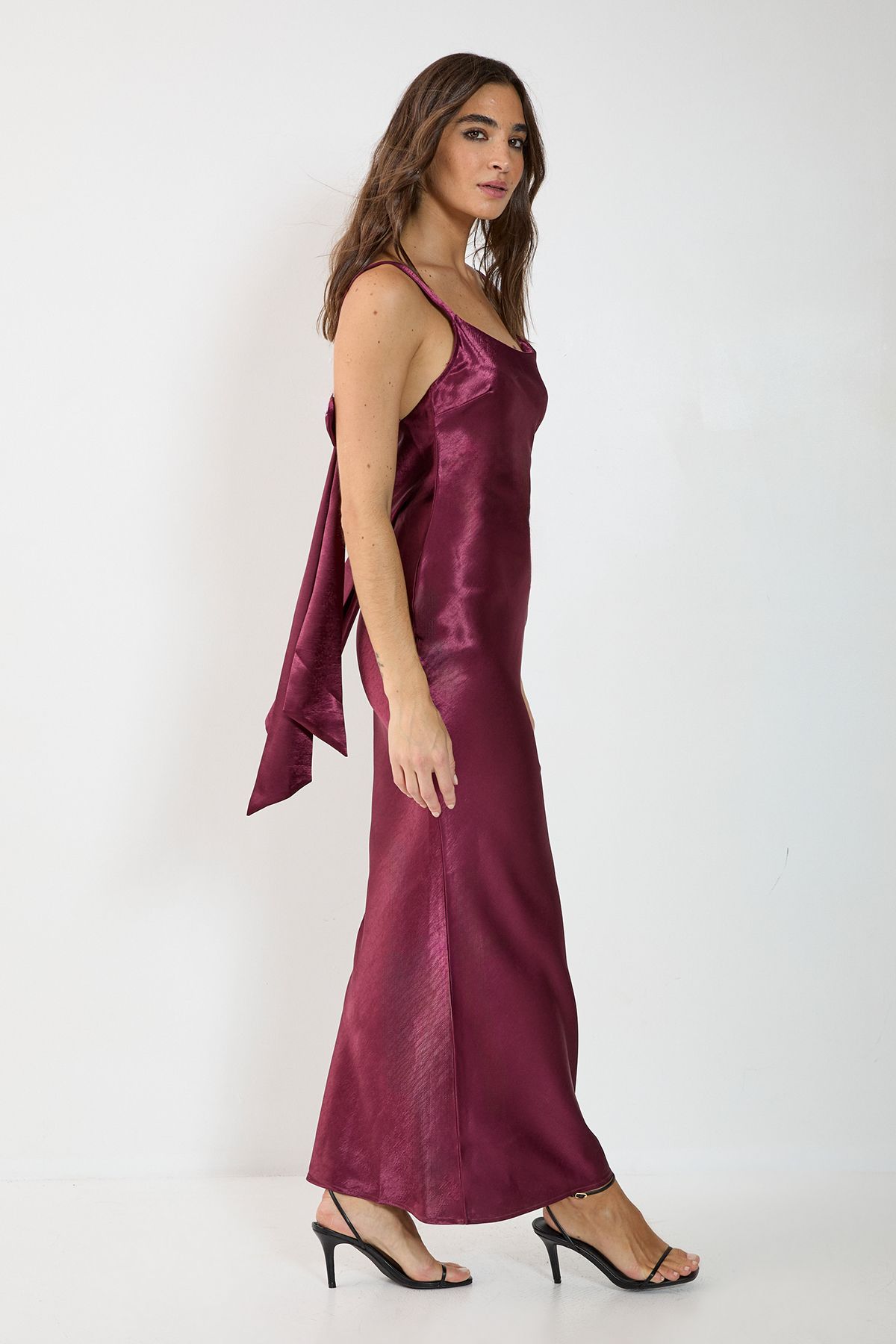 NastyGal Satin Cowl Back Bow Strap Bias Cut Maxi Dress Wine image 3