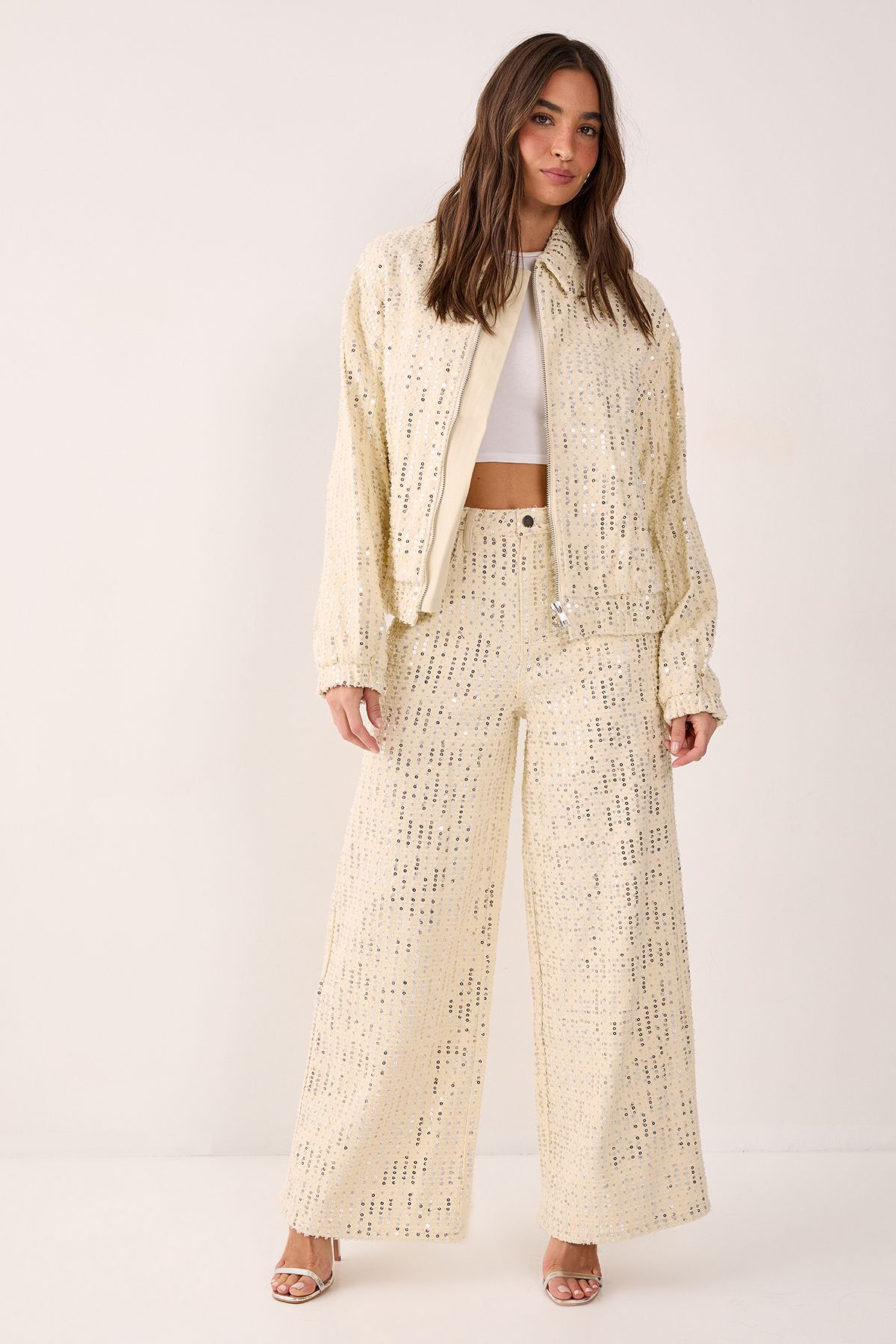 NastyGal Denim Sequin Bomber Jacket Ecru image 2