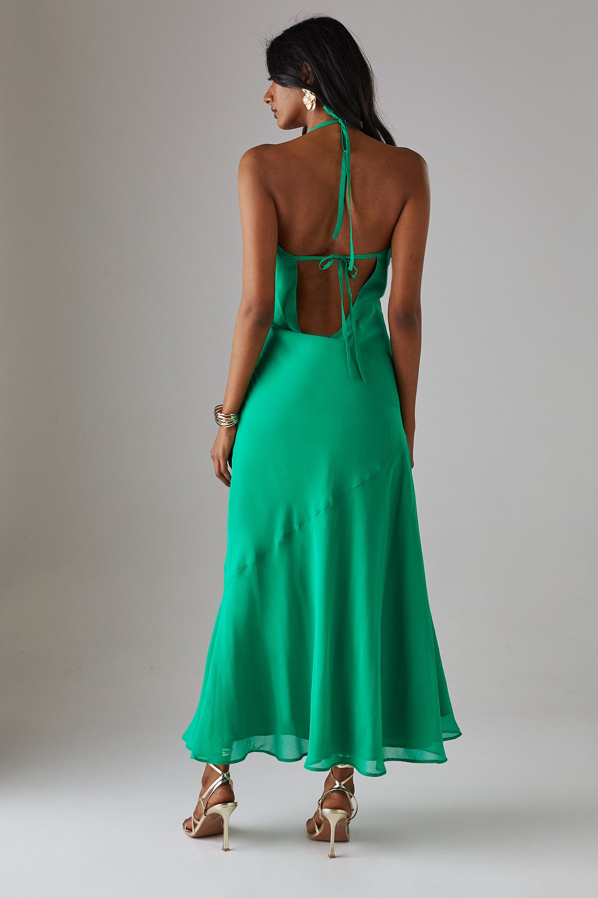 Warehouse Chiffon Bias Tie Front Low Back Halter Midi Dress Bright Green image 3