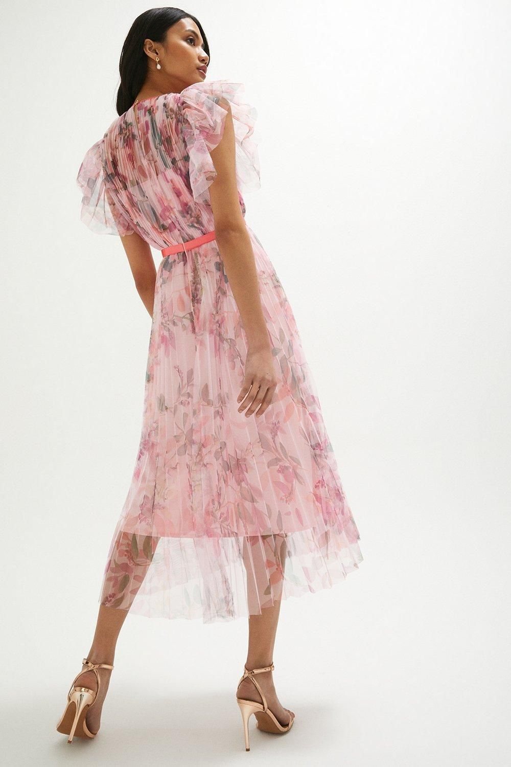 Coast Mesh Printed Dress With Pleated Skirt Blush image 3