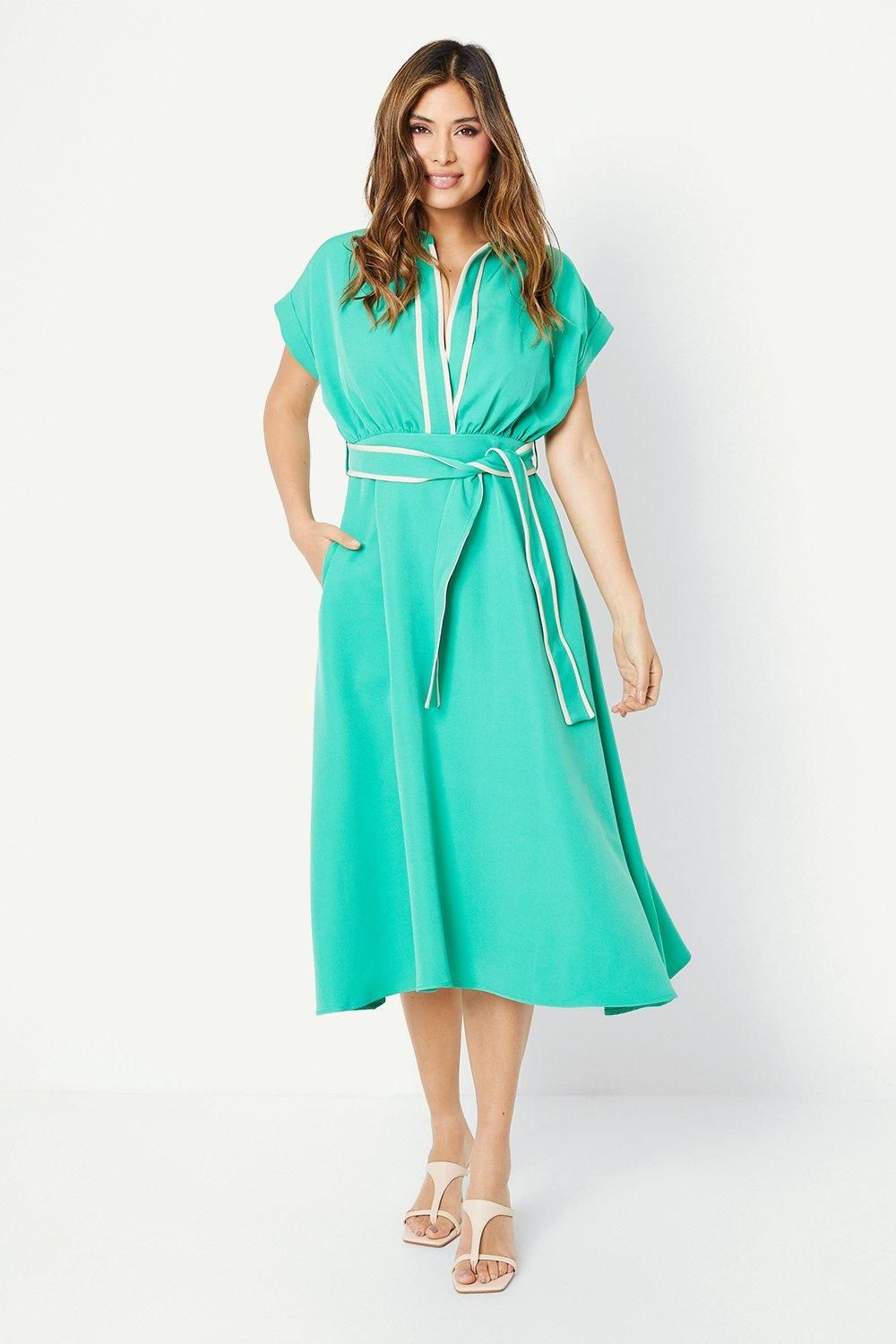 Principles Black Contrast Tie Waist Midi Dress Green image 2