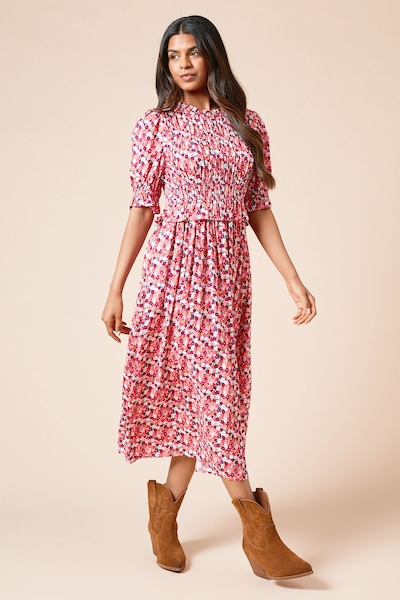 Dorothy Perkins Petite Floral Shirred Bodice Puff Sleeve Midi Dress Pink