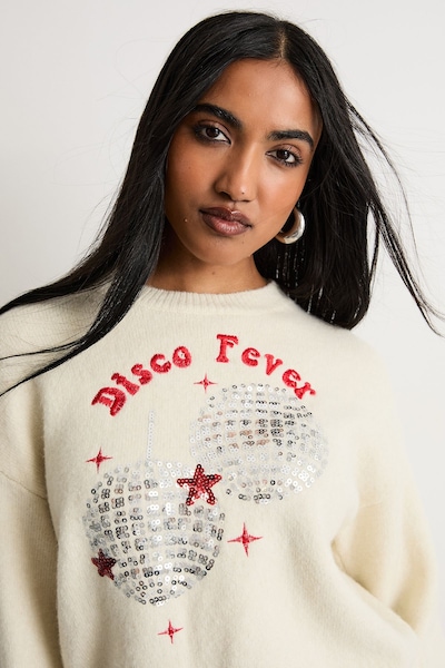Warehouse Disco Fever Christmas Jumper Ivory