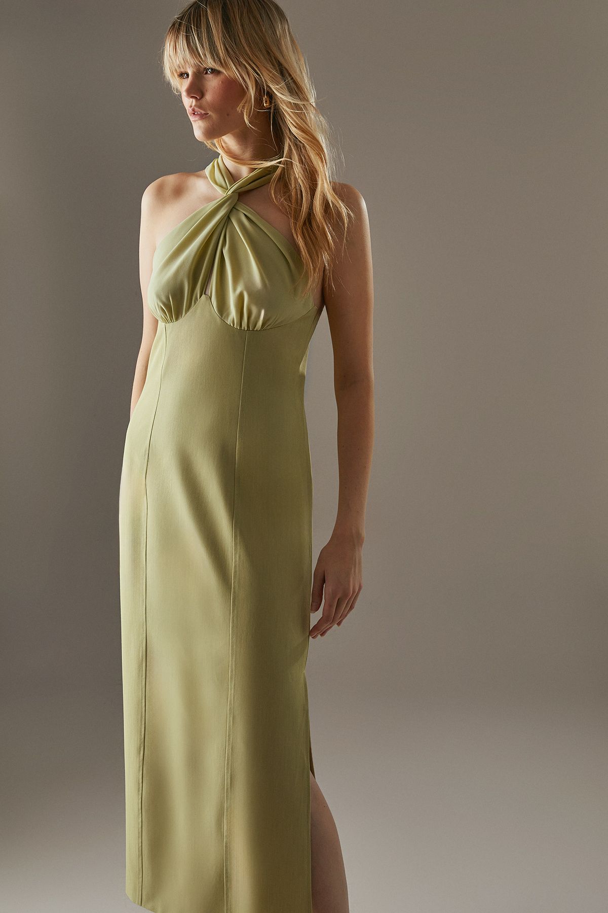 Warehouse Cross Front Georgette And Marl Suiting Midi Dress Pistachio image 2