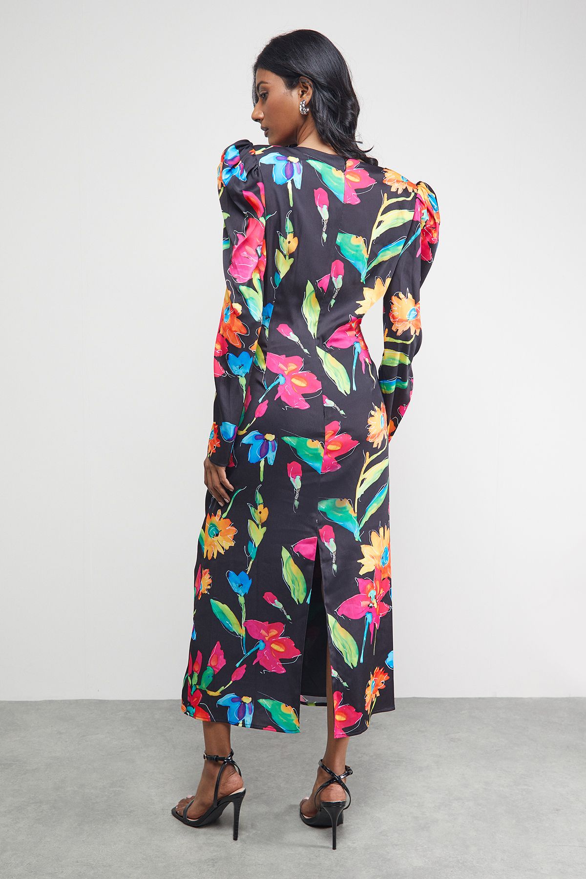 Warehouse Satin Cut Out Waist Plunge Neck Midi Dress Multi image 3