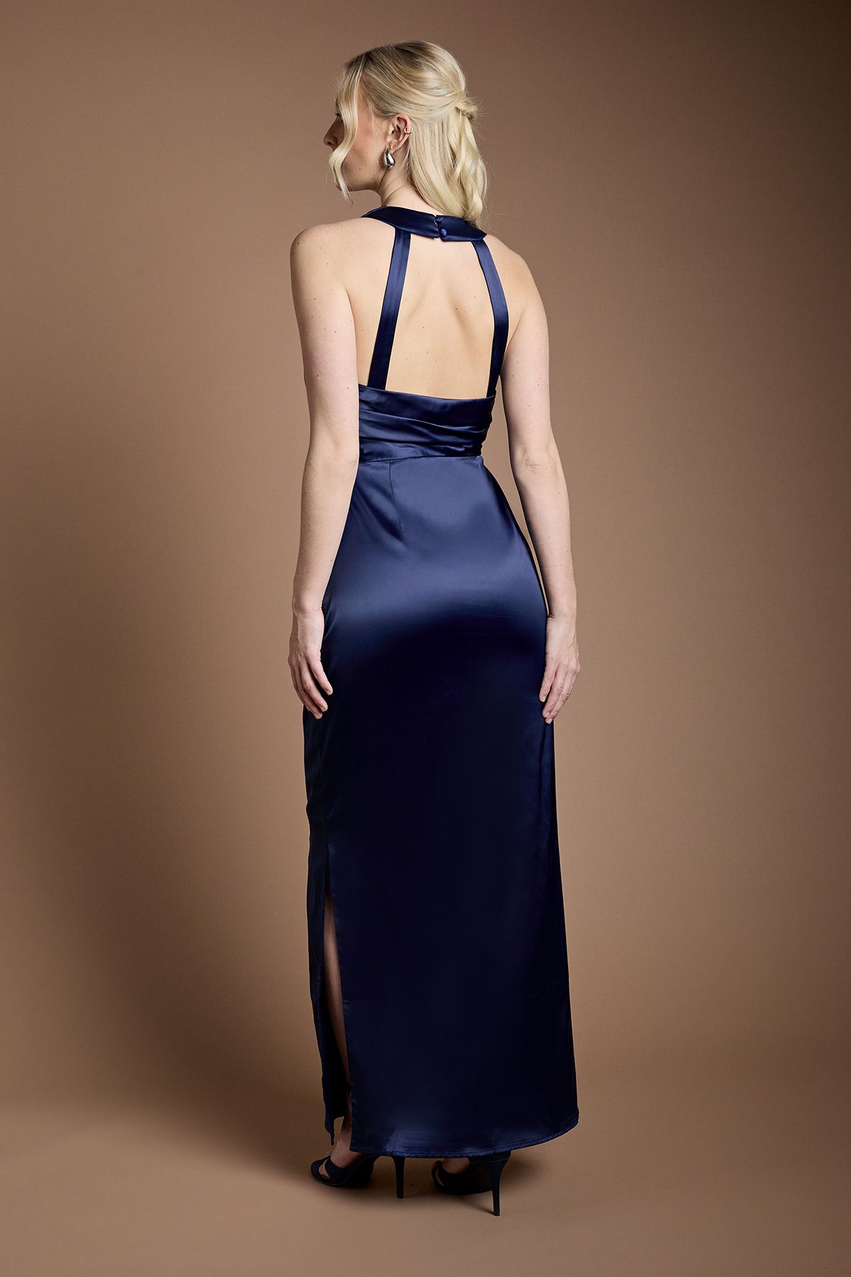 Oasis Satin Cowl Neck Maxi Bridesmaid Dress Navy image 3