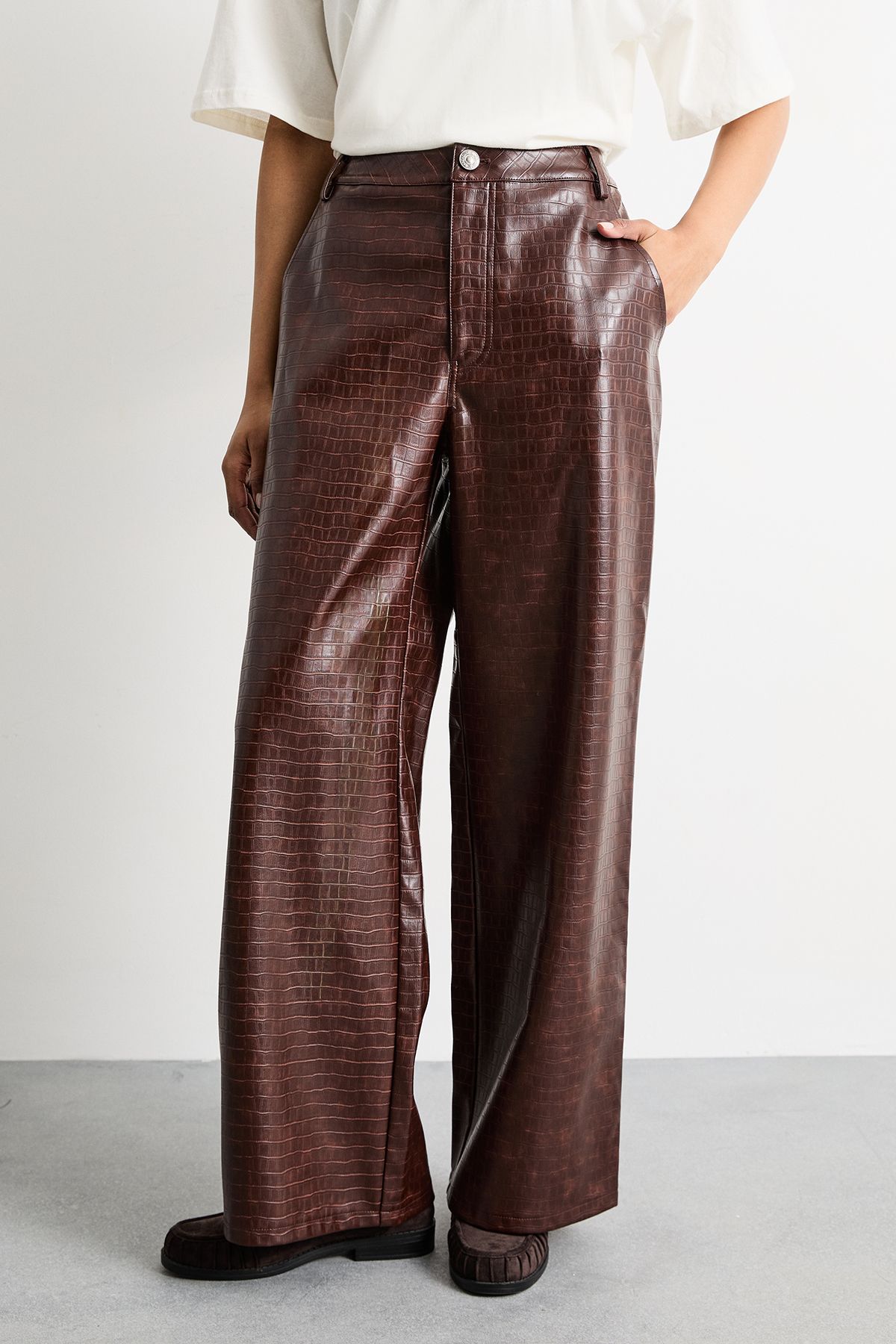 Warehouse Faux Leather Croc Embossed PU Straight Leg Chocolate image 2