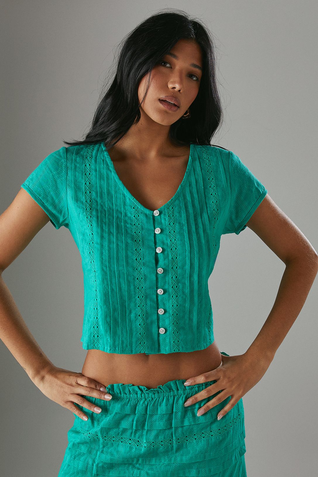 Warehouse Cotton Dobby Trim Insert Boho Skirt Green image 1