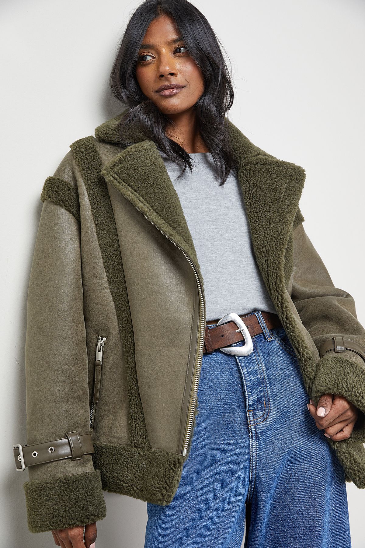 Warehouse Wool Lined Shearling Biker Jacket Khaki