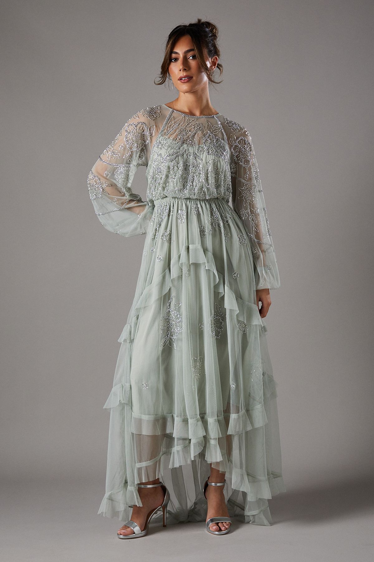 Coast Embellished Frill Chiffon Maxi Dress Sage Silver image 1