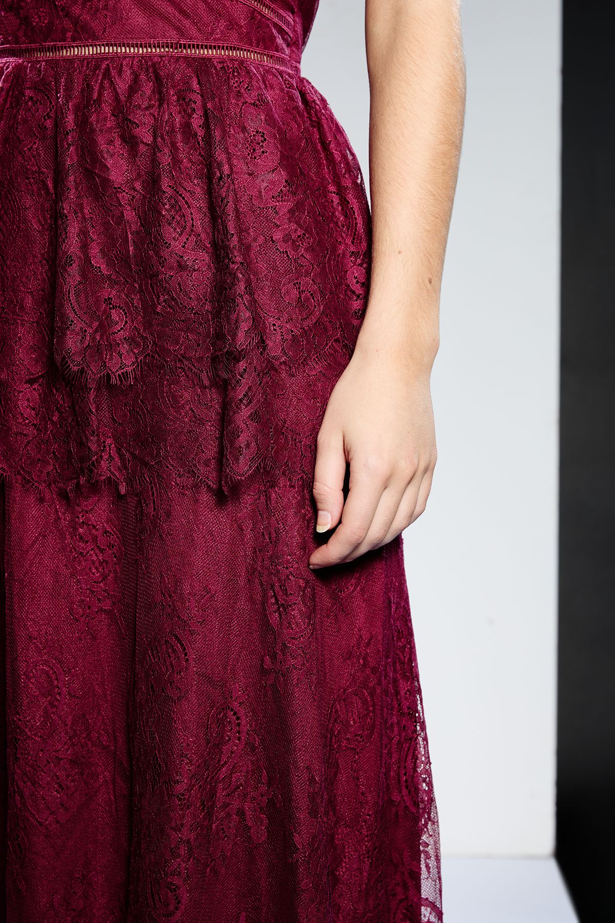 RUNWAY 1.8.1.8 Runway 1.8.1.8 Strappy Lace Peplum Maxi Dress Cherry image 4