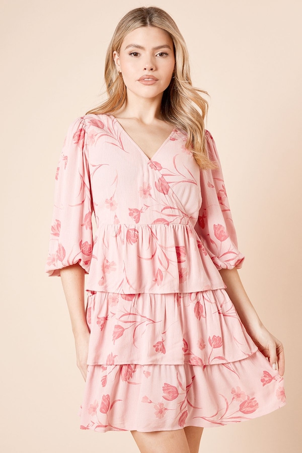 Dorothy Perkins Pink Wrap Front Tiered Blouson Sleeve Mini Dress Pink
