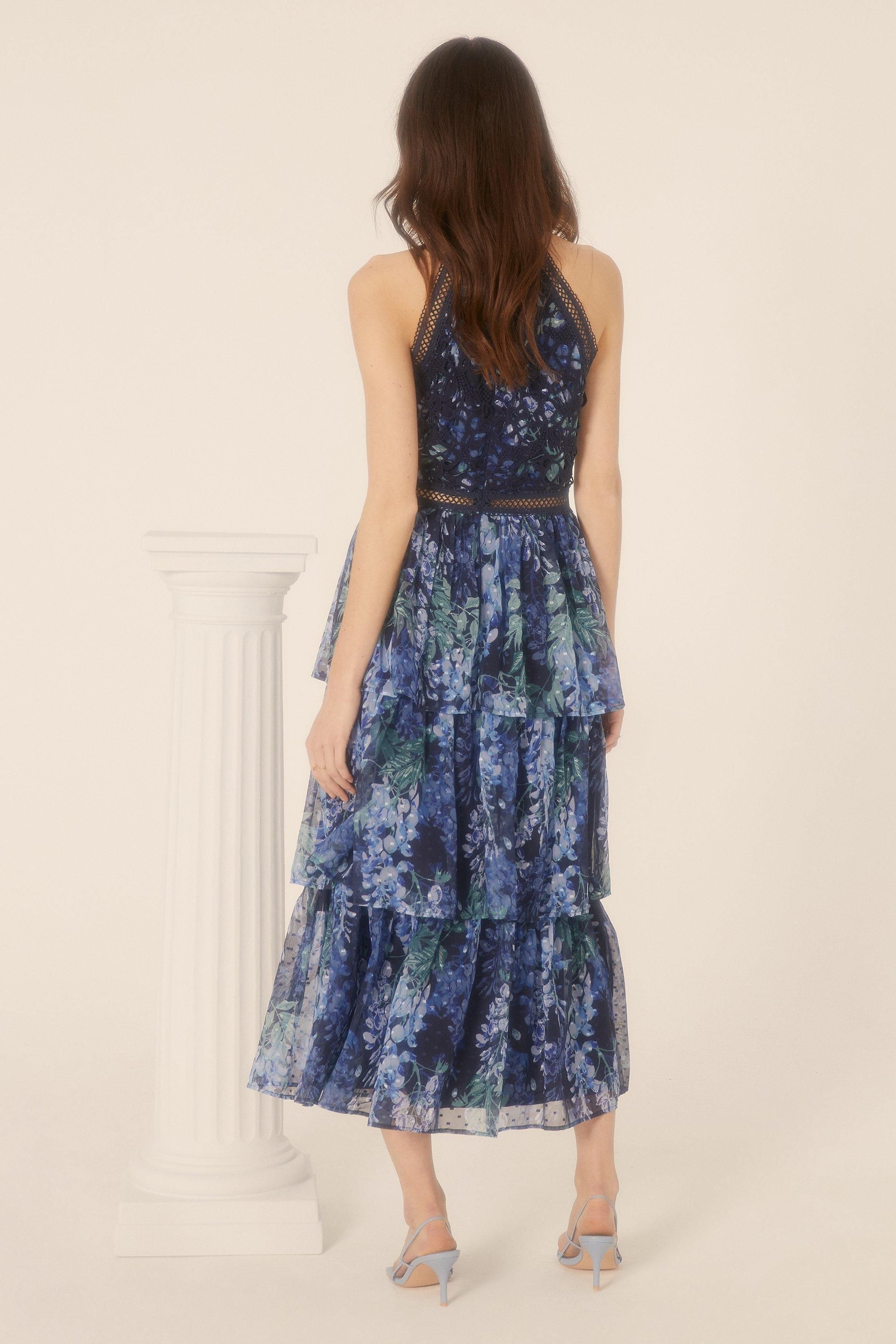 Oasis Petite Lace Halter Floral Tiered Midi Dress Navy image 3