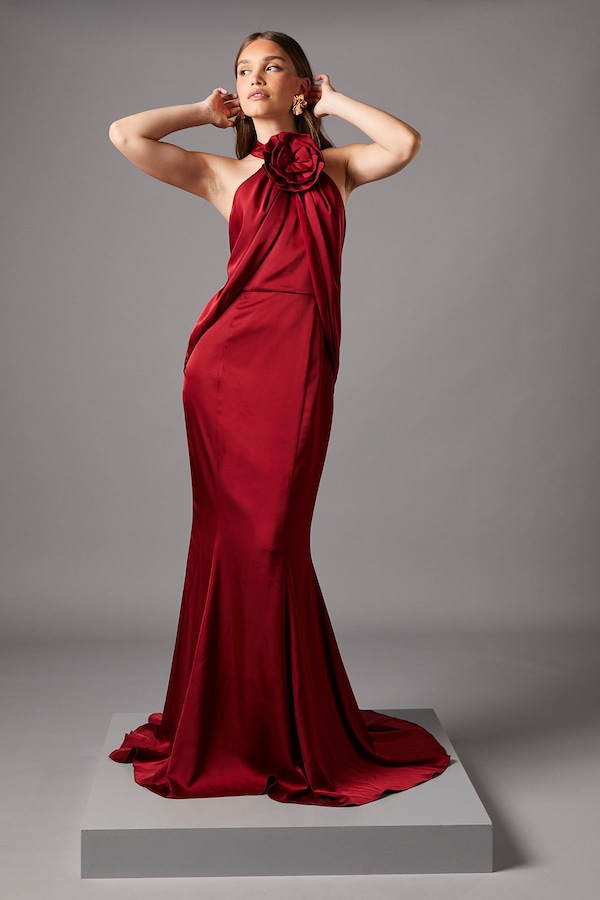 Coast Halterneck Satin Maxi Dress With Flower Red