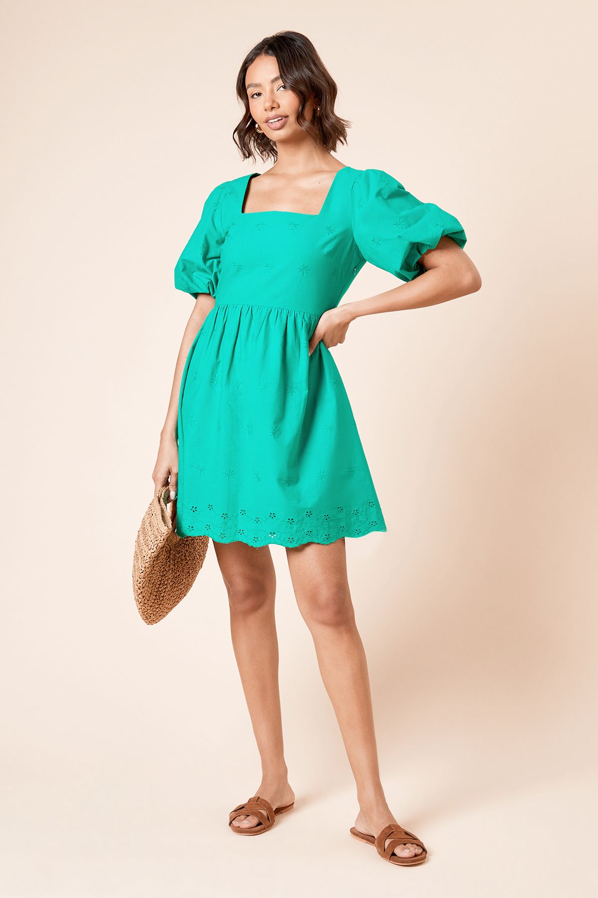 Dorothy Perkins Embroidered Square Neck Mini Dress Green image 2