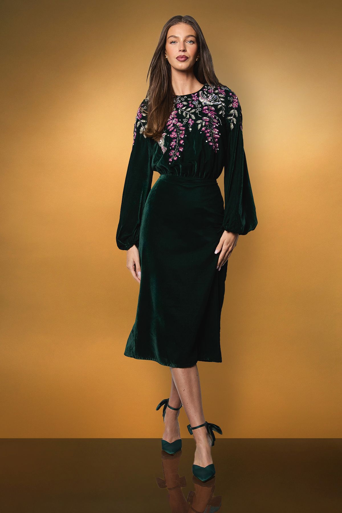 Coast Encrusted Floral Long Sleeve Velvet Midi Dress Emerald image 1
